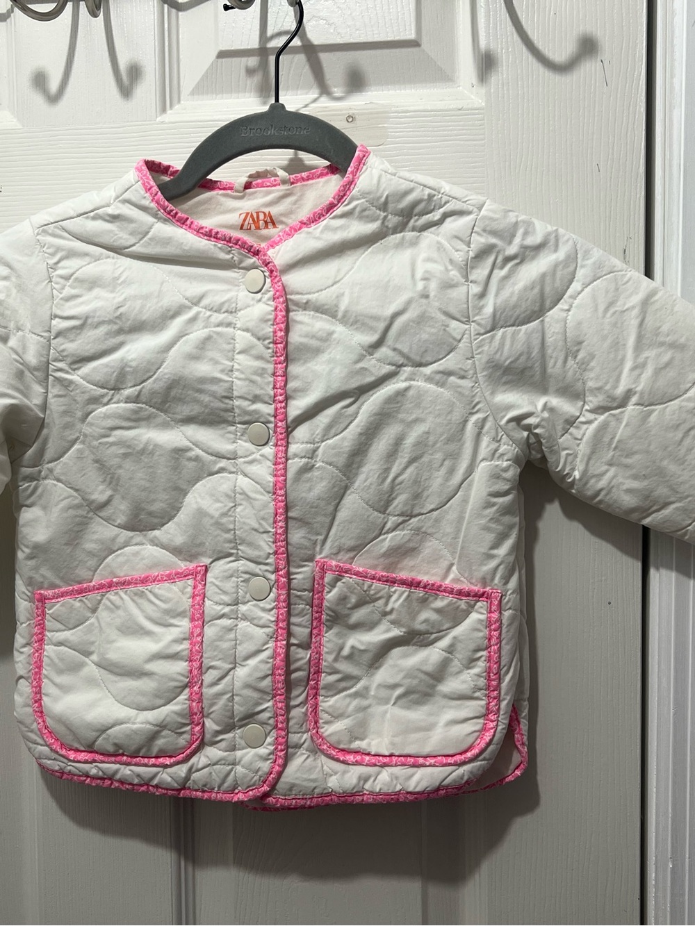 Zara White Quilted Kids Jacket with Pink Trim